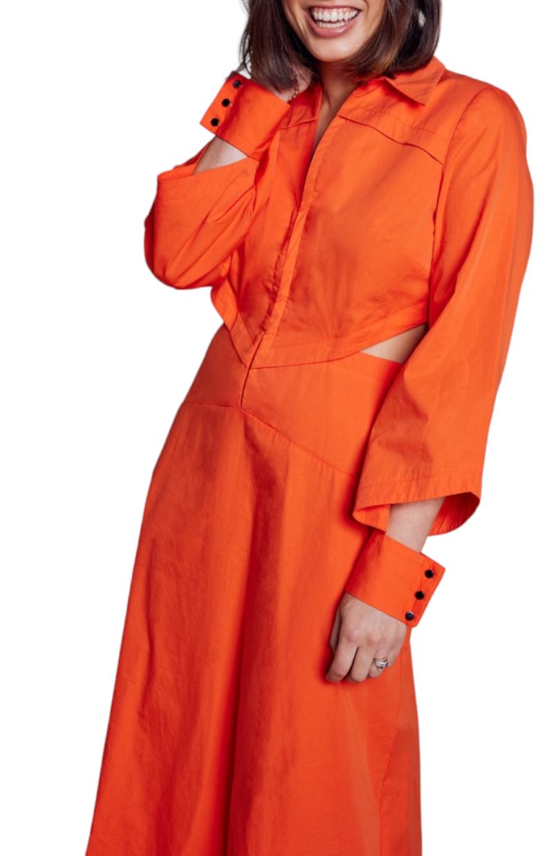 Cue Cut Out Shirt Dress | Orange, Cotton/Modal, Midi, Collared, A-Line, Cuffs