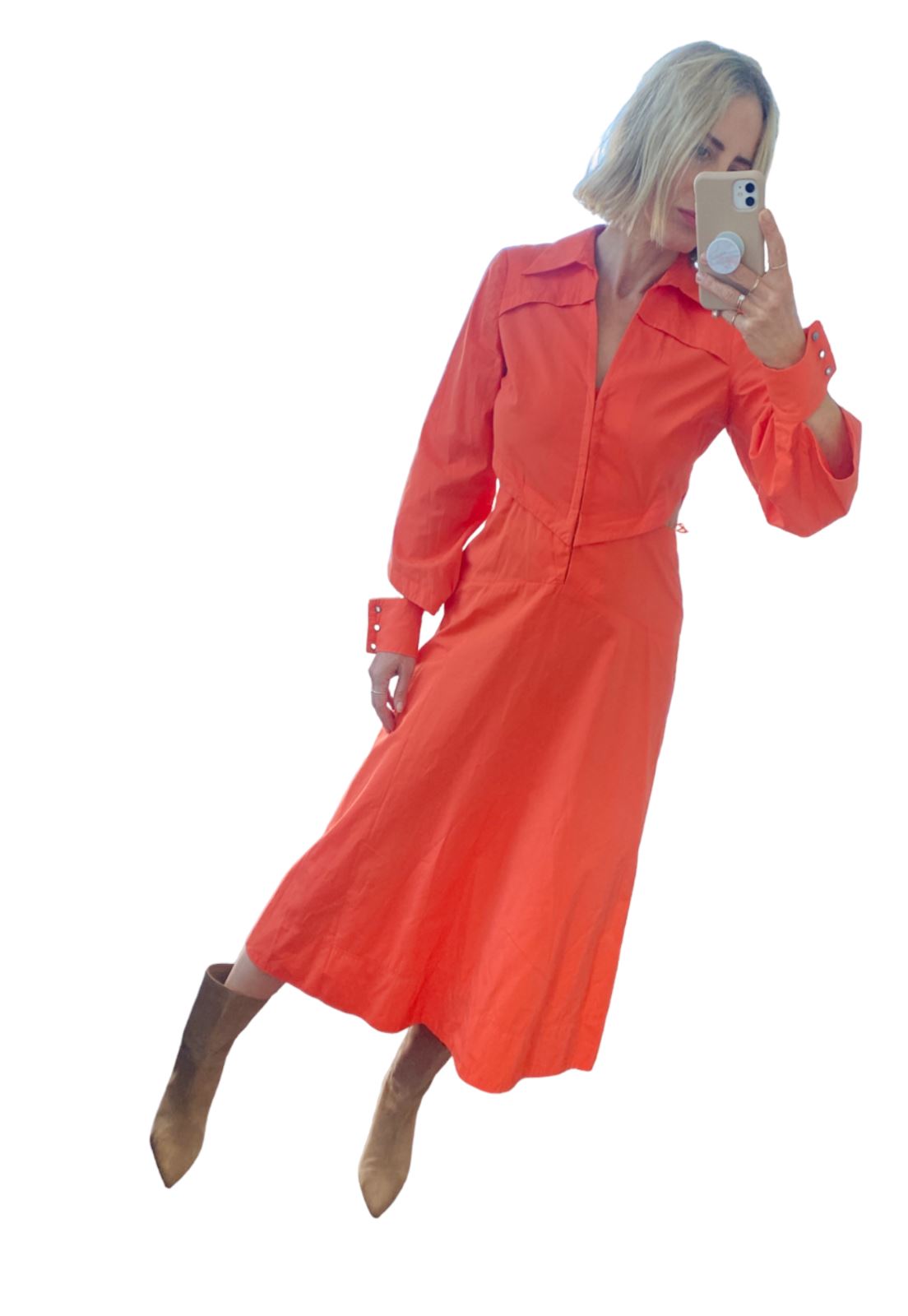 Cue Cut Out Shirt Dress | Orange, Cotton/Modal, Midi, Collared, A-Line, Cuffs