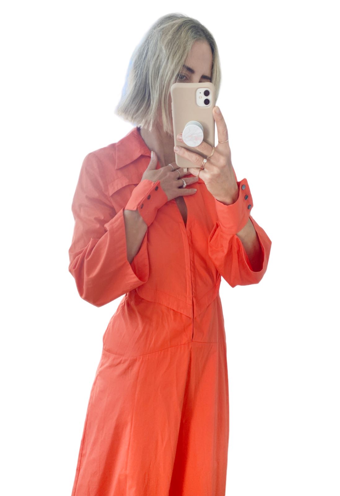 Cue Cut Out Shirt Dress | Orange, Cotton/Modal, Midi, Collared, A-Line, Cuffs