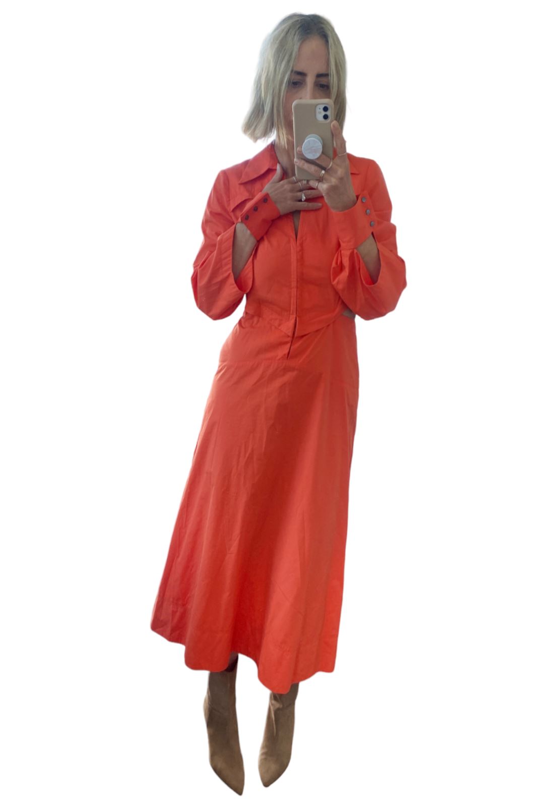 Cue Cut Out Shirt Dress | Orange, Cotton/Modal, Midi, Collared, A-Line, Cuffs