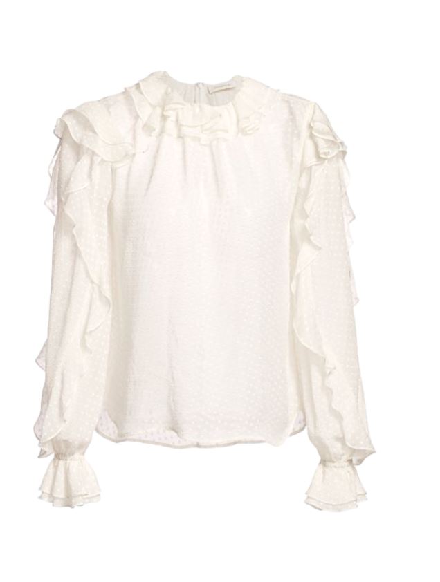 Zimmermann Super Eight Dot Ruffle Shirt Blouse | Ivory/Off White, Silk Blend