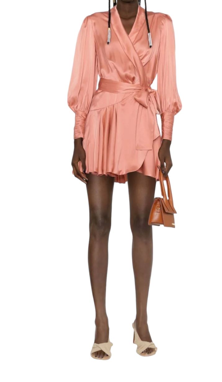 Zimmermann Silk Wrap Mini Dress | Dusty Pink, Sueded Silk Cocktail, Party Dress