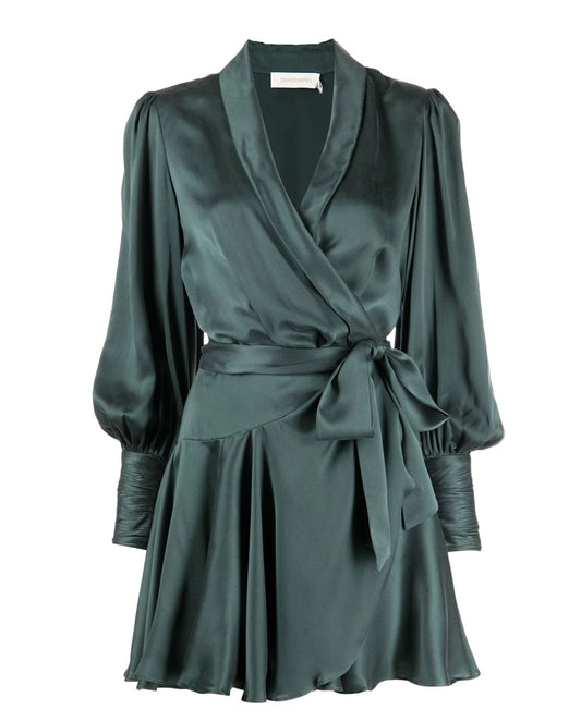 Zimmermann Silk Wrap Mini Dress | Bottle Green Sueded Silk Cocktail, Party Dress