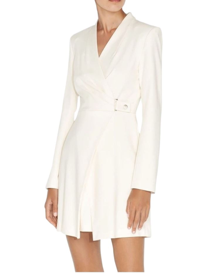 CUE Wrap Blazer Dress | Ivory/Off White, Buckle, Stretch Fabric,  Shoulder Pads