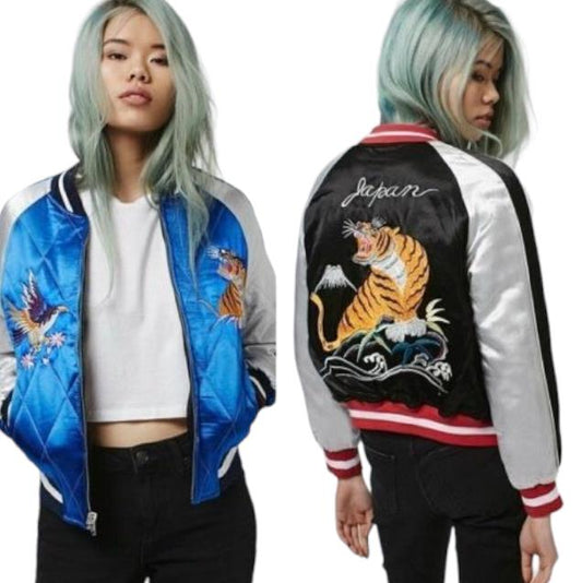 TOPSHOP Bomber Jacket | Sz 12, Reversible, Black/Blue, Embroidered, Quilted