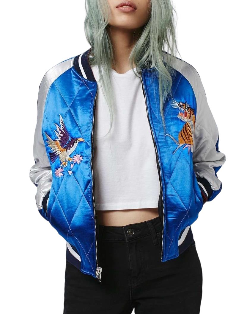 TOPSHOP Bomber Jacket | Sz 12, Reversible, Black/Blue, Embroidered, Quilted
