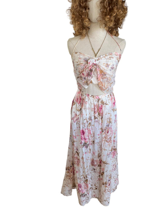 Zimmermann Cut Out Floral, Midi Dress | White/Pink, Embroidery, Bandeau, Sample
