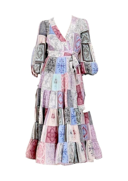 Zimmermann Wrap Midi Dress | Zodiac Cards Print, Puff Sleeves, V Neck