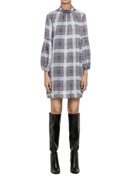 Veronika Maine Crinkle Short Dress | Grey/Pink Checkered, Blouson Sleeve, Shift