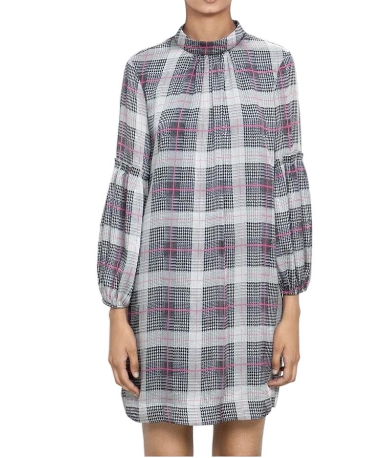 Veronika Maine Crinkle Short Dress | Grey/Pink Checkered, Blouson Sleeve, Shift