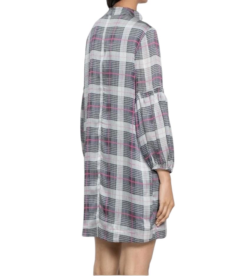 Veronika Maine Crinkle Short Dress | Grey/Pink Checkered, Blouson Sleeve, Shift