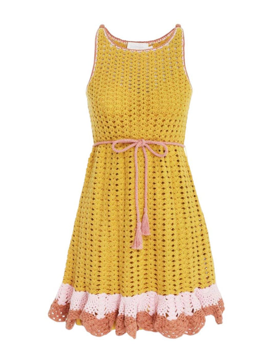 Zimmermann Laurel Crochet Mini Dress | Yellow/Pink/Tan, Tie Belt, Cotton, Frills