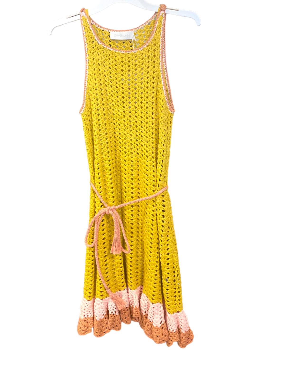 Zimmermann Laurel Crochet Mini Dress | Yellow/Pink/Tan, Tie Belt, Cotton, Frills