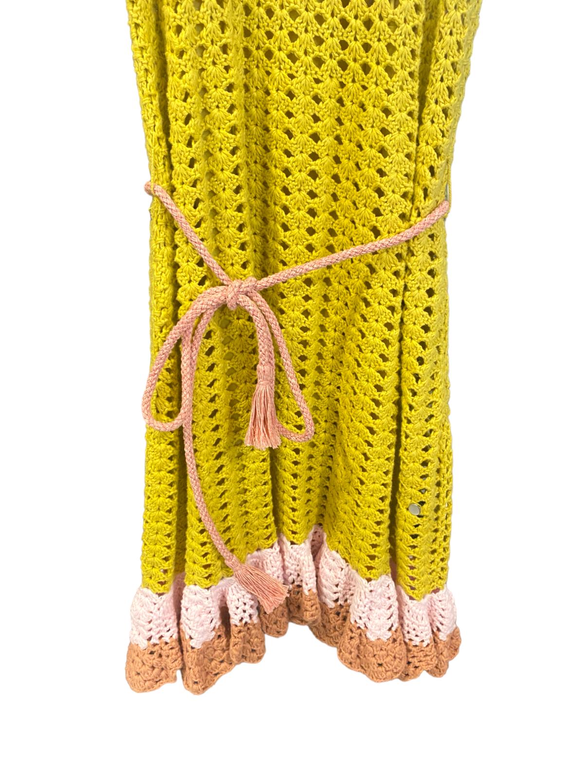 Zimmermann Laurel Crochet Mini Dress | Yellow/Pink/Tan, Tie Belt, Cotton, Frills