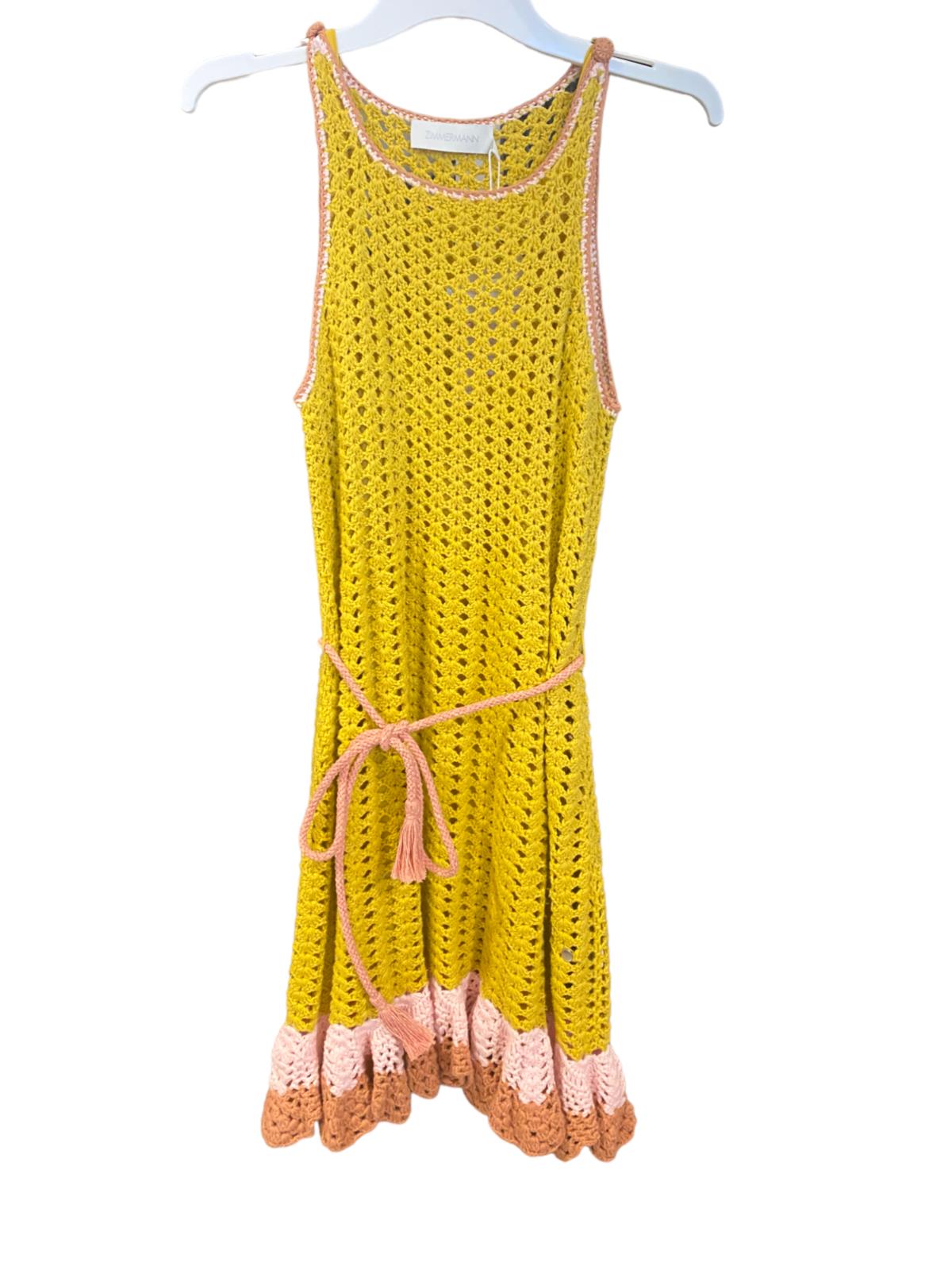 Zimmermann Laurel Crochet Mini Dress | Yellow/Pink/Tan, Tie Belt, Cotton, Frills