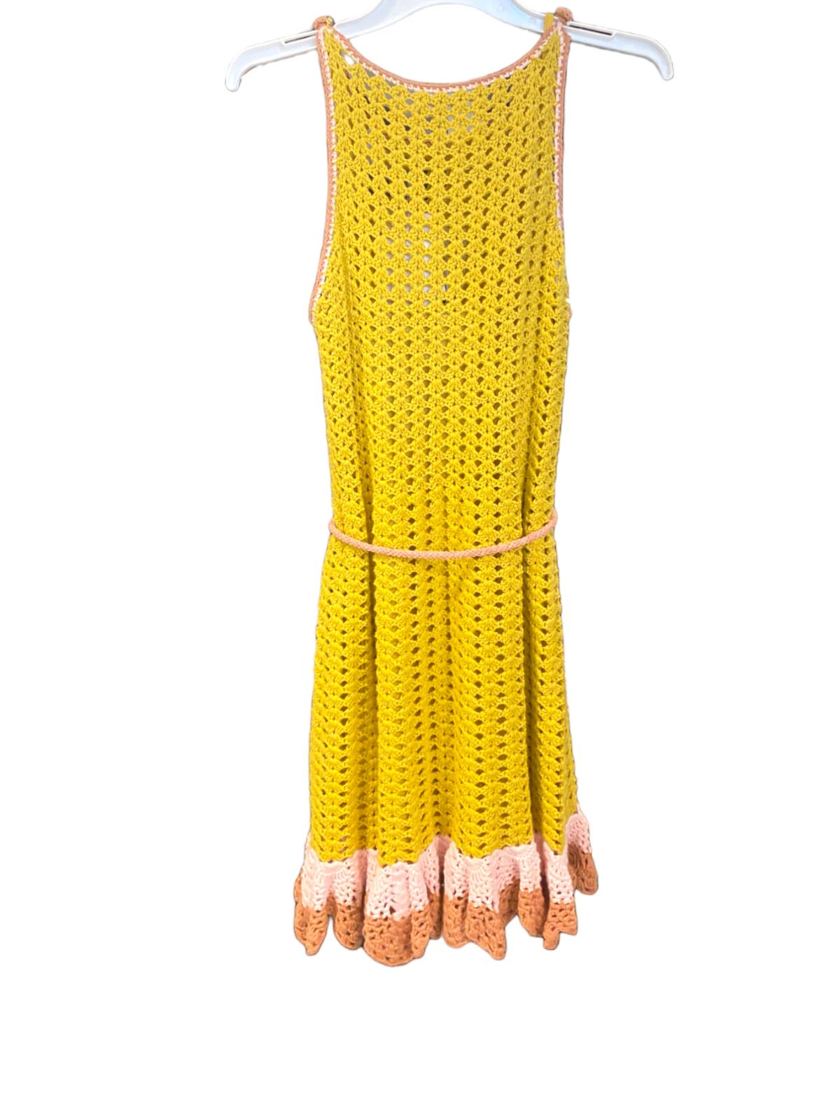 Zimmermann Laurel Crochet Mini Dress | Yellow/Pink/Tan, Tie Belt, Cotton, Frills