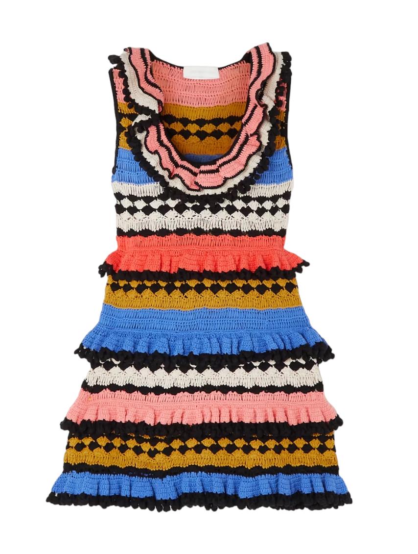 Zimmermann Tiggy Frill Mini Dress | Colourful, Crochet, Tiered, Frills, Pompoms