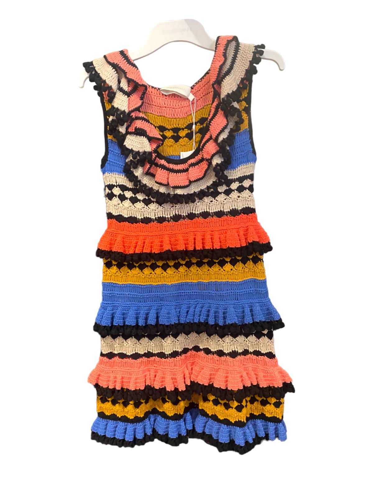 Zimmermann Tiggy Frill Mini Dress | Colourful, Crochet, Tiered, Frills, Pompoms