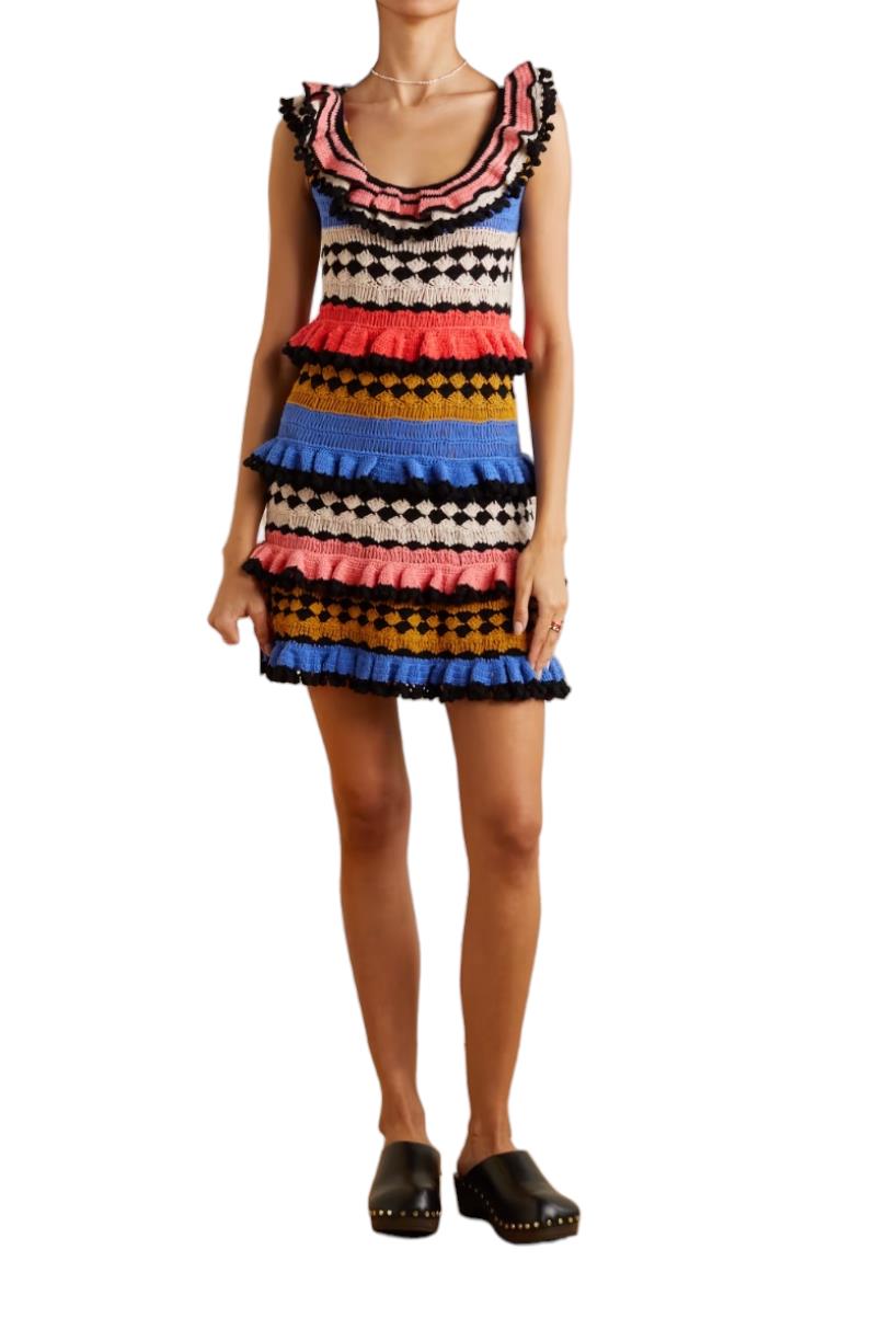 Zimmermann Tiggy Frill Mini Dress | Colourful, Crochet, Tiered, Frills, Pompoms