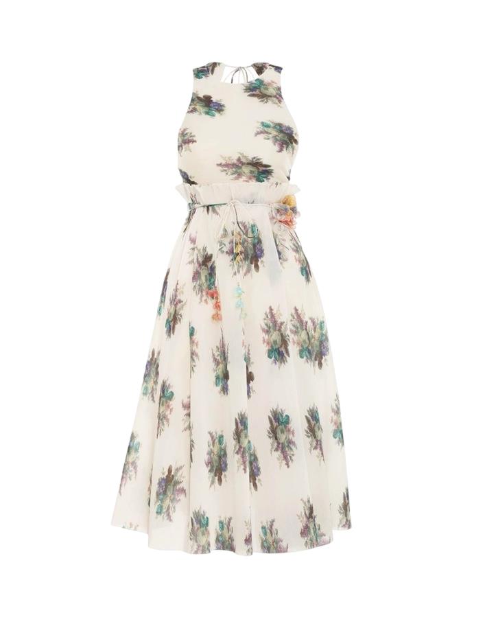Zimmermann Pleated Picnic Dress | Ivory Bouquet Floral, Midi, Backless, Tie Belt