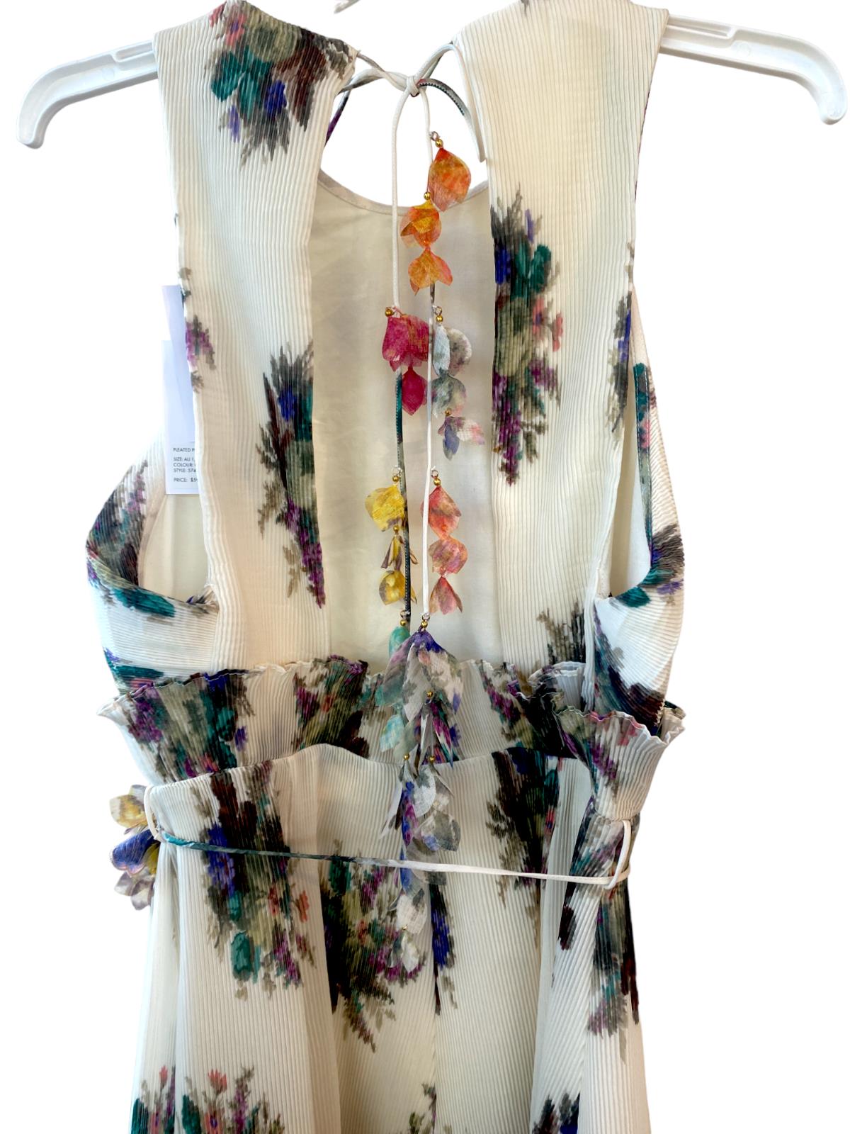 Zimmermann Pleated Picnic Dress | Ivory Bouquet Floral, Midi, Backless, Tie Belt