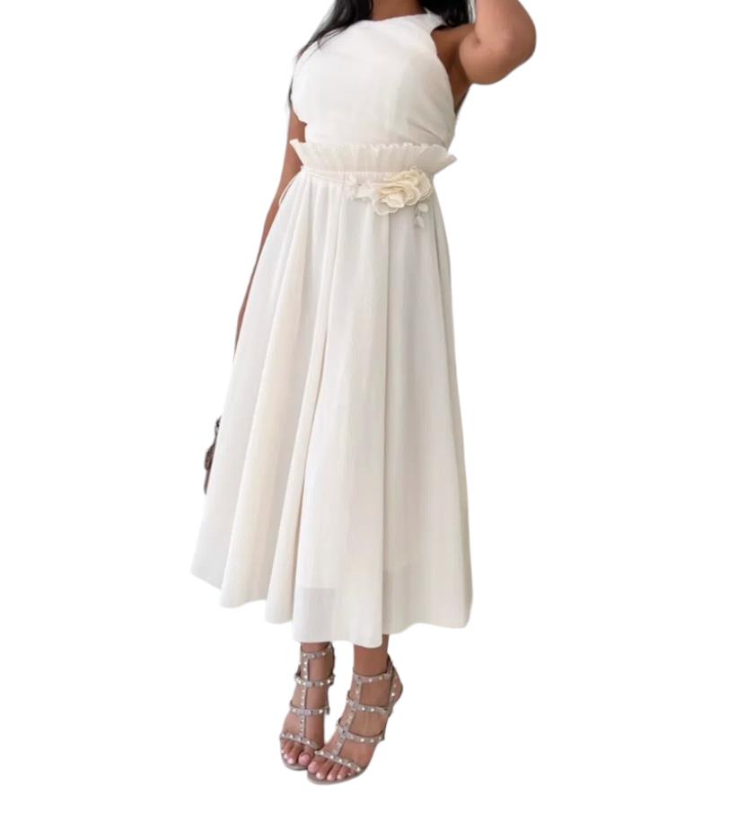 Zimmermann Pleated Picnic Dress | Ivory/Cream, Midi, Backless, Tie Belt, Flowers