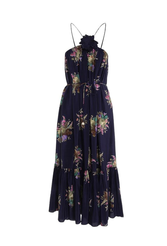 Zimmermann Halter Neck Midi Dress |Navy Floral, Silk, Removable Brooch, Tie Belt