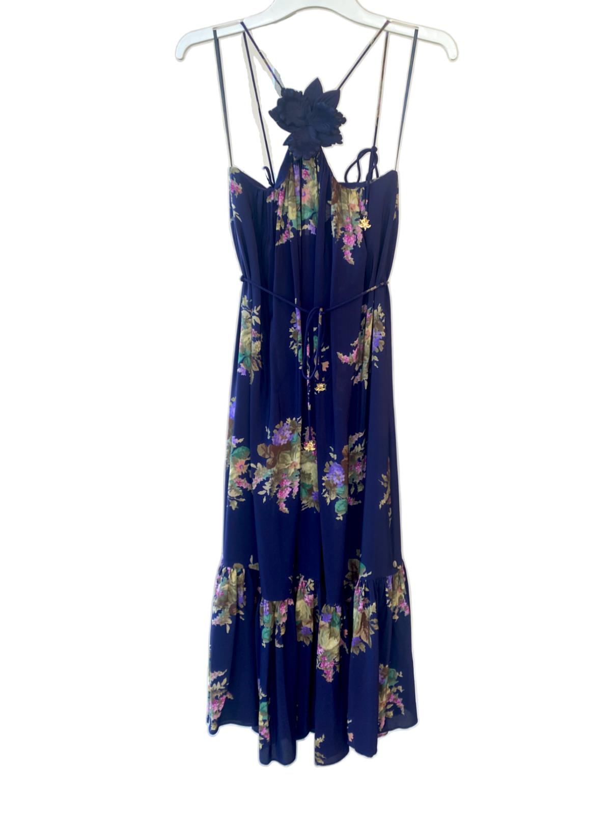 Zimmermann Halter Neck Midi Dress |Navy Floral, Silk, Removable Brooch, Tie Belt