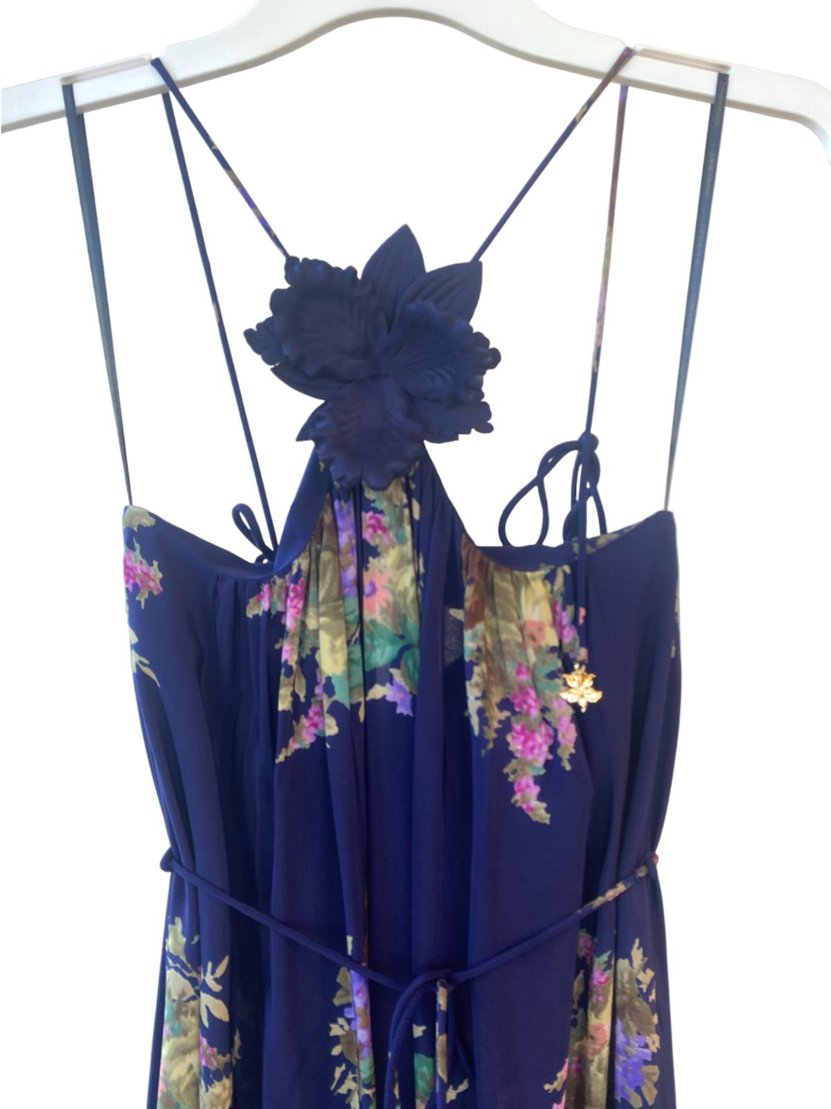 Zimmermann Halter Neck Midi Dress |Navy Floral, Silk, Removable Brooch, Tie Belt