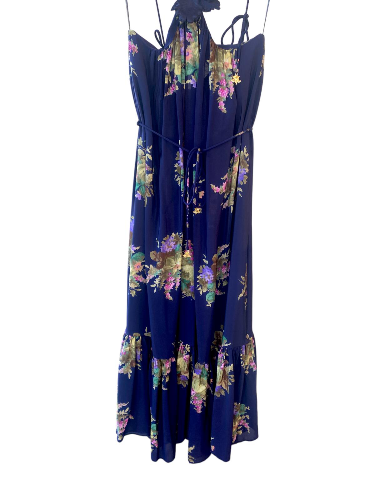 Zimmermann Halter Neck Midi Dress |Navy Floral, Silk, Removable Brooch, Tie Belt