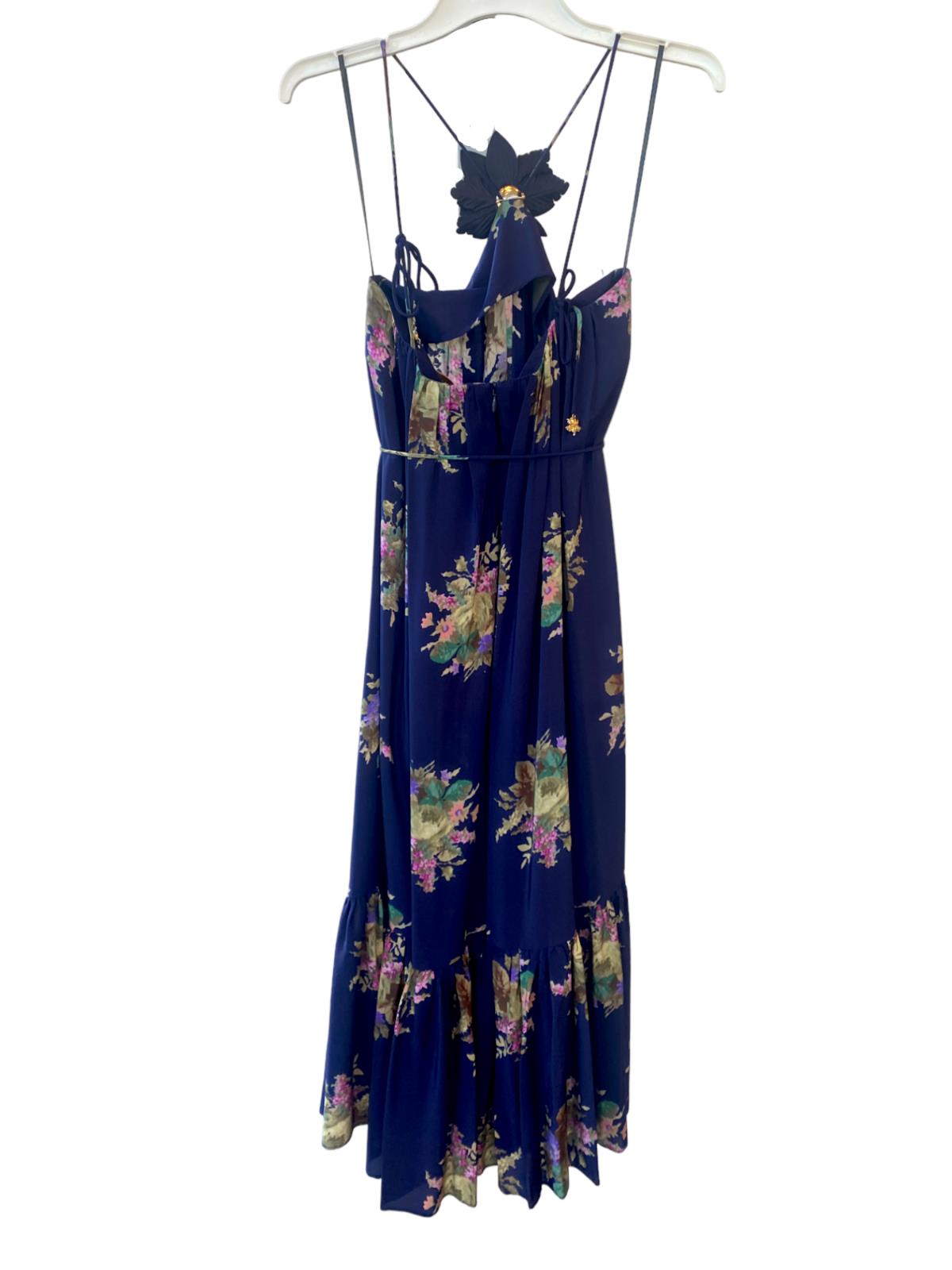 Zimmermann Halter Neck Midi Dress |Navy Floral, Silk, Removable Brooch, Tie Belt