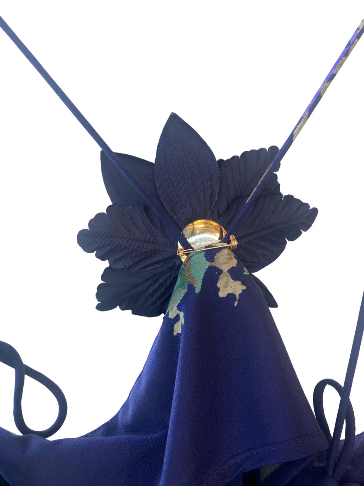 Zimmermann Halter Neck Midi Dress |Navy Floral, Silk, Removable Brooch, Tie Belt