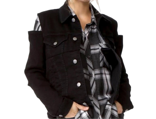 Frame Le Cutout Denim Jacket | Black, Size S, Cold Shoulder, Stretch, Oversized
