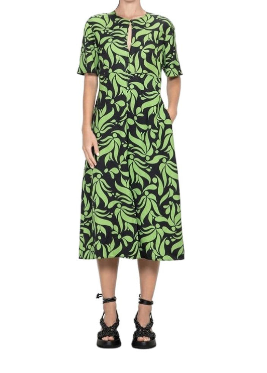 Veronika Maine Ivy Deco Leaves Midi Dress | Green/Black, Keyhole Neck, Floral