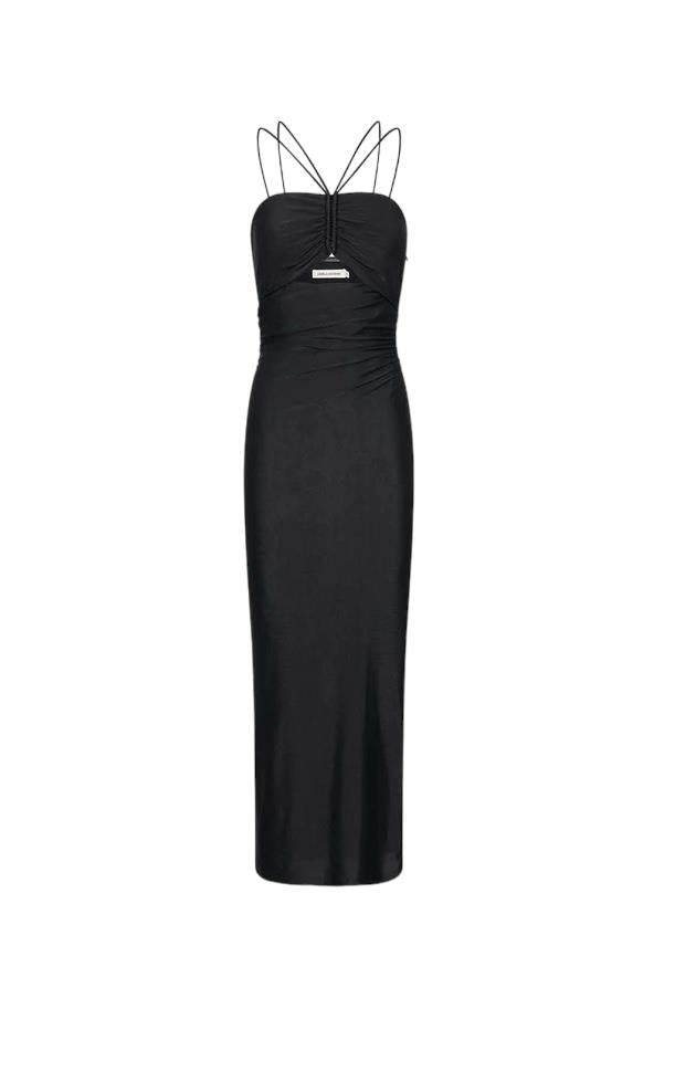 CAMILLA AND MARC Cerise Halter Midi Dress | Black, Stretch, Cut Out, Ruched