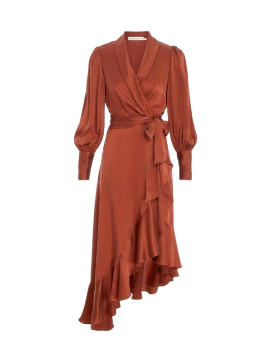 Zimmermann Silk Wrap Midi Dress | Sienna / Rust, Sueded Silk Cocktail, Dolman