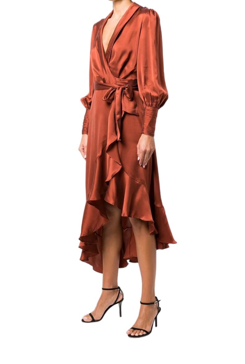 Zimmermann Silk Wrap Midi Dress | Sienna / Rust, Sueded Silk Cocktail, Dolman