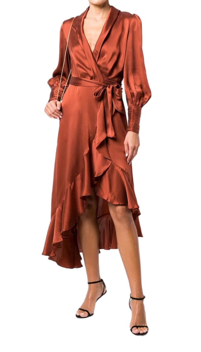 Zimmermann Silk Wrap Midi Dress | Sienna / Rust, Sueded Silk Cocktail, Dolman