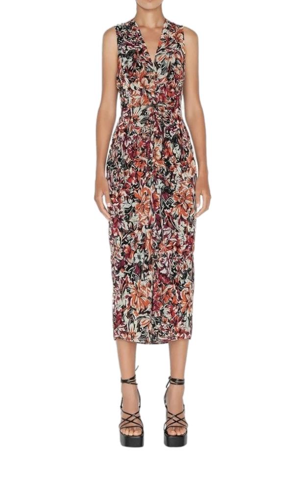 CUE Twist Front Midi Dress | Sunset Floral Print, Slit, Pencil, Ethical, Lined