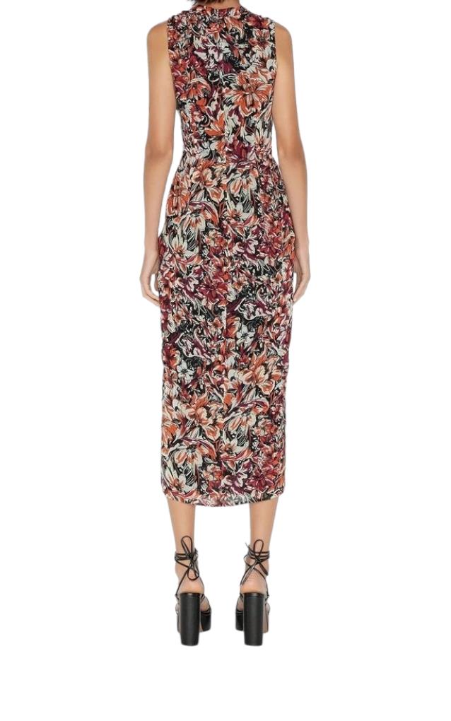 CUE Twist Front Midi Dress | Sunset Floral Print, Slit, Pencil, Ethical, Lined