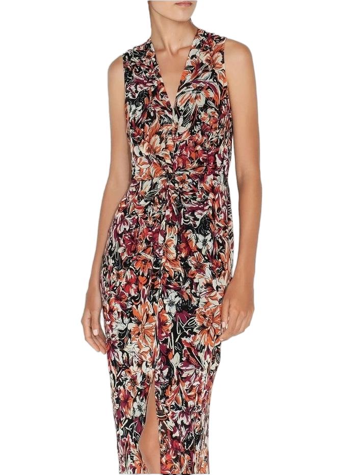 CUE Twist Front Midi Dress | Sunset Floral Print, Slit, Pencil, Ethical, Lined