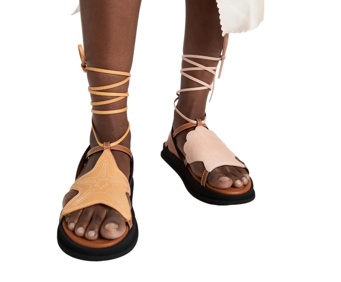 Zimmermann Rock Pool Sandals | Leather, Tan Multi, Ankle Straps, Flats, Embroid