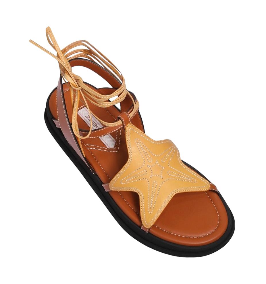 Zimmermann Rock Pool Sandals | Leather, Tan Multi, Ankle Straps, Flats, Embroid