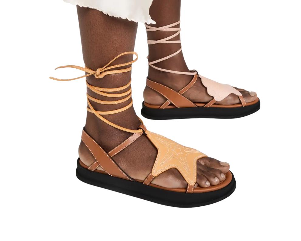 Zimmermann Rock Pool Sandals | Leather, Tan Multi, Ankle Straps, Flats, Embroid