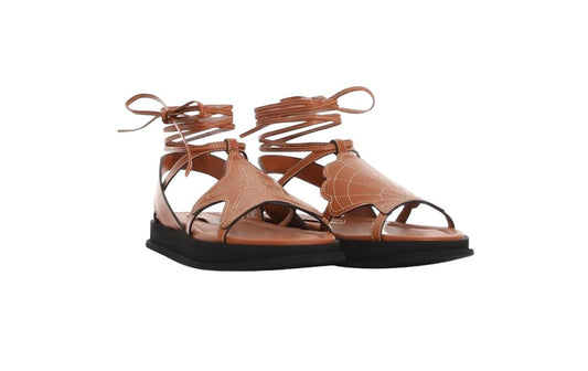 Zimmermann Rock Pool Sandals | Leather, Tan Leather, Ankle Straps, Flats, Embroi