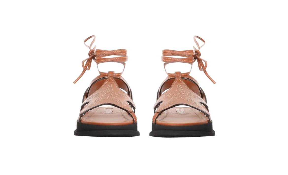 Zimmermann Rock Pool Sandals | Leather, Tan Leather, Ankle Straps, Flats, Embroi