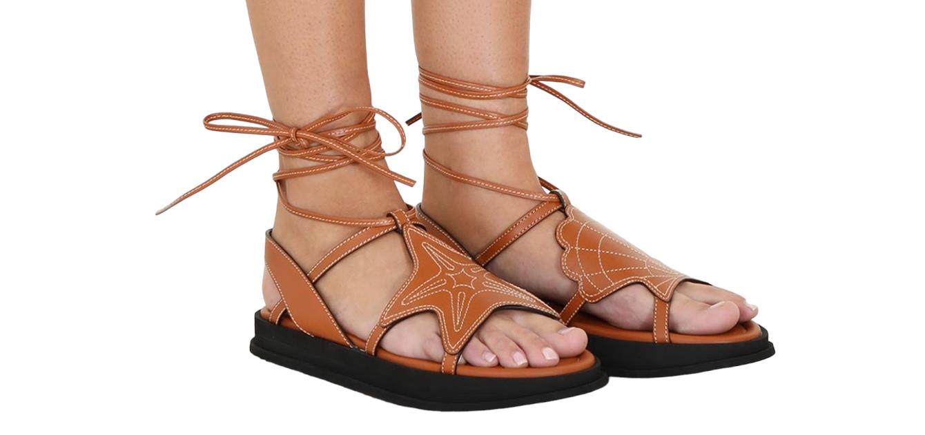 Zimmermann Rock Pool Sandals | Leather, Tan Leather, Ankle Straps, Flats, Embroi