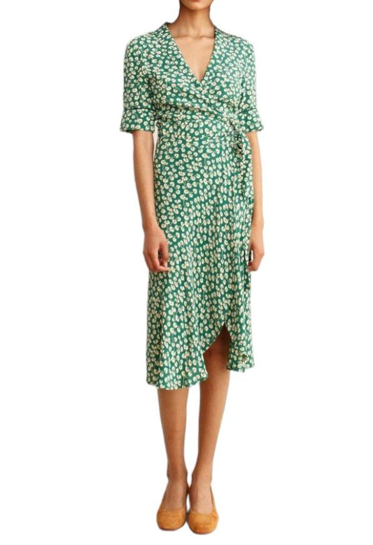 GANNI Dalton Crepe Wrap Midi Dress | Green Floral, Sz 36/Small, Viscose, V Neck