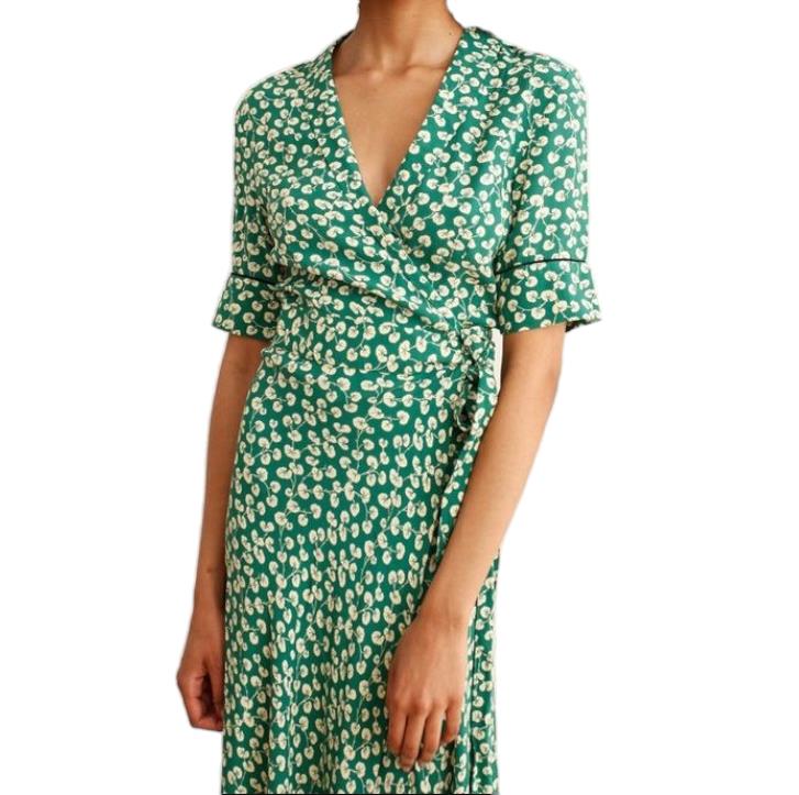 GANNI Dalton Crepe Wrap Midi Dress | Green Floral, Sz 36/Small, Viscose, V Neck GANNI Dalton Crepe Wrap Midi Dress | Green Floral, Sz 36/Small, Viscose, V Neck