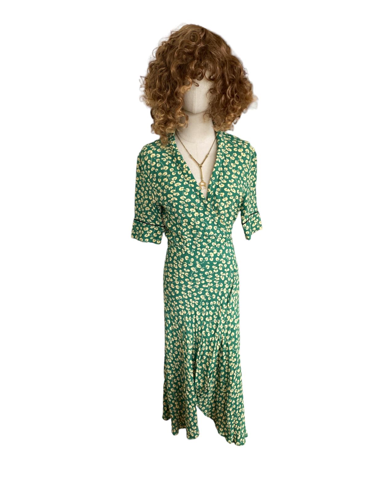 GANNI Dalton Crepe Wrap Midi Dress | Green Floral, Sz 36/Small, Viscose, V Neck GANNI Dalton Crepe Wrap Midi Dress | Green Floral, Sz 36/Small, Viscose, V Neck